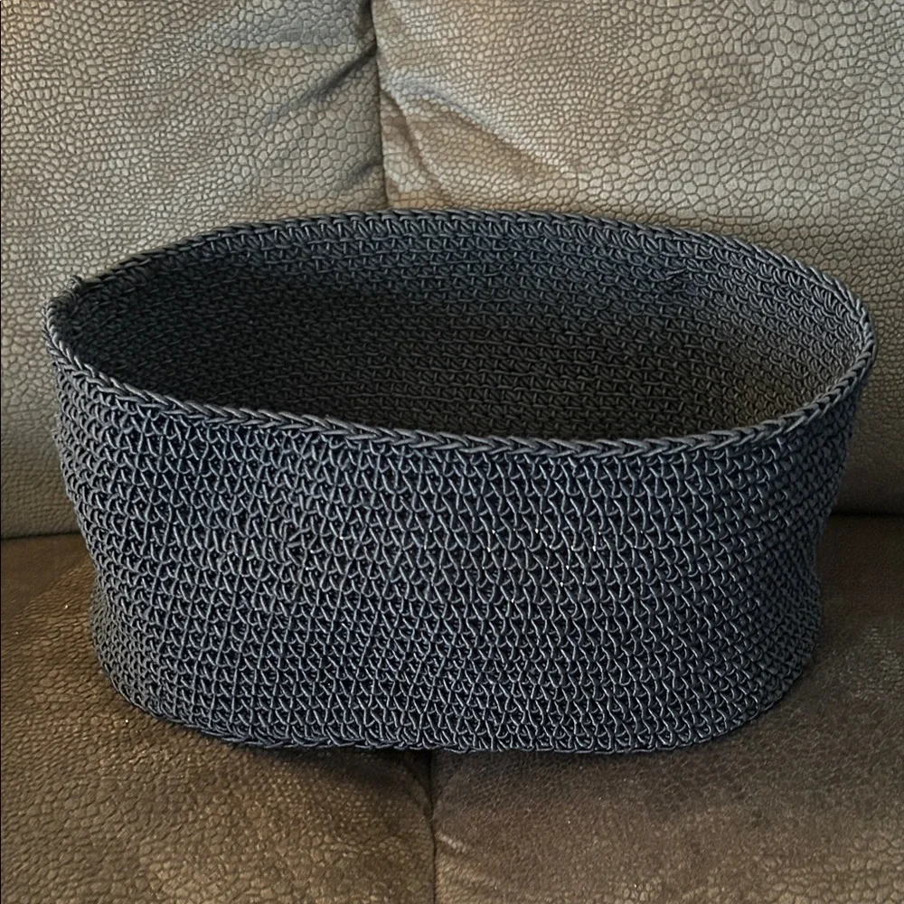 NWT Handmade Black Crocheted Basket with tan wooden bottom